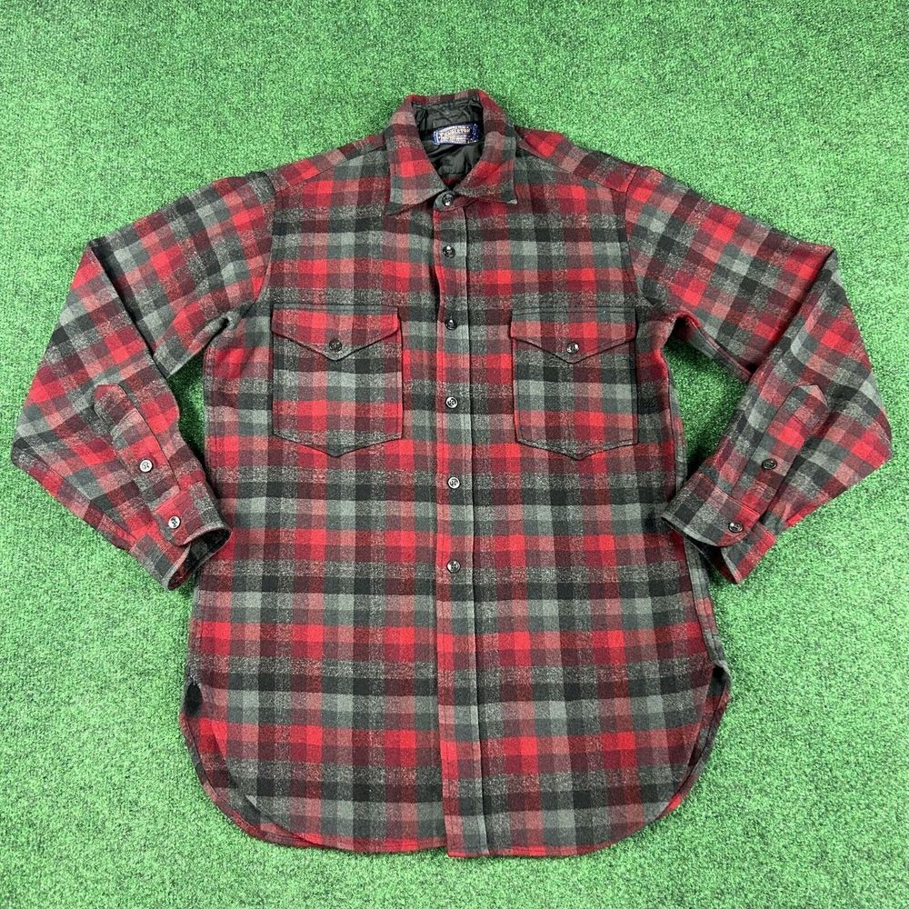 Pendleton Mens Size 15.5 Virgin Wool Button Up Shirt Plaid Red Black Long Sleeve